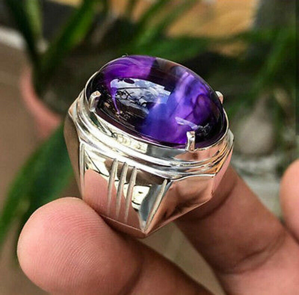  Solid 925 Sterling Silver Natural Purple Amethyst Cut Gemstone Mens Ring 296 