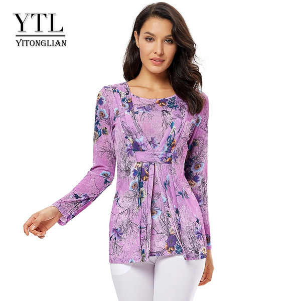 Women's Long Sleeve Tops Printed Floral T-shirt Purple Flower
