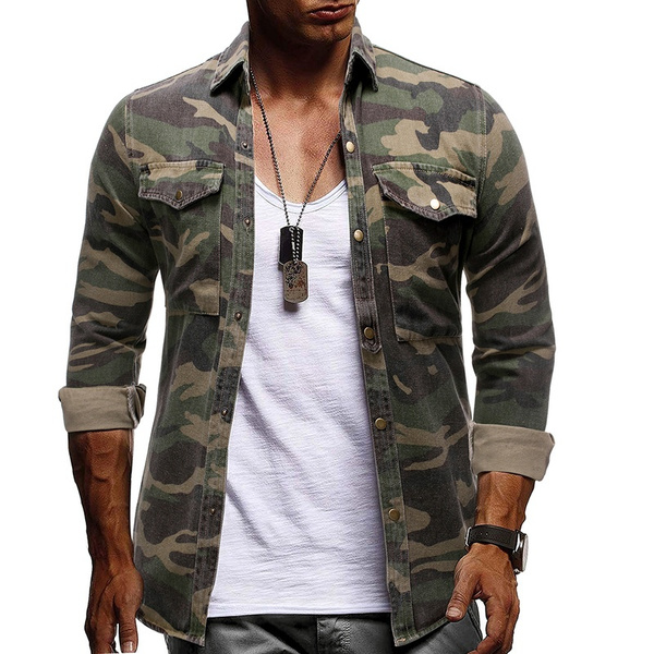 Camouflage Pattern Lapel Neck Denim Jacket Bottom Front Long - Temu