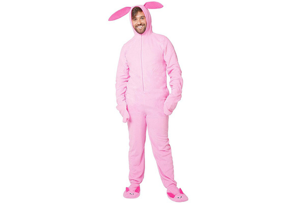 A Christmas Story Men's Ralphie Deranged Pink Bunny Suit Hooded Pajama  Costume Union Suit Outfit Sleeper