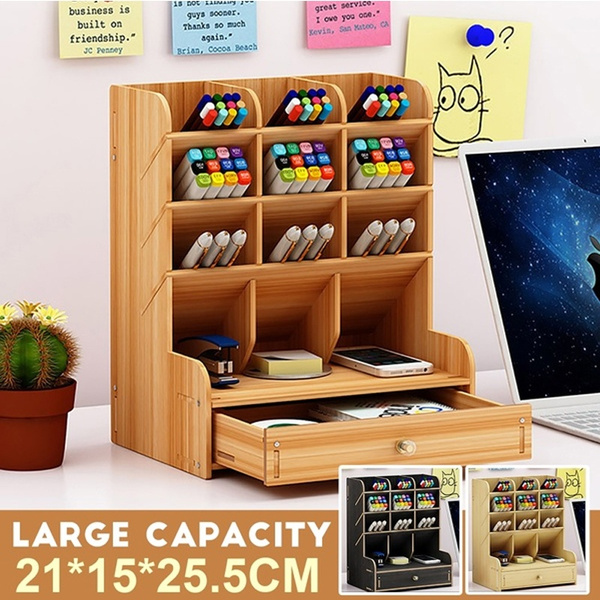 Office Desk Stationery Organiser Holder, Large Wooden Desk With Storage Box