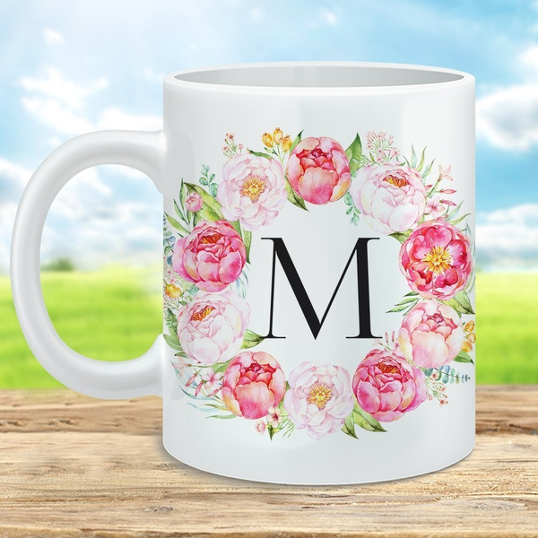 Peony Personalized Initial Coffee Mug Monogram Letters Cup Pink Floral Ceramic Microwave Dishwasher Safe