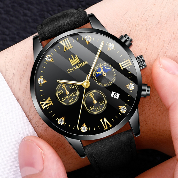 SHAARMS Leather Strap Watch For Men Diamond Dial Black Business Mens Wrist Watch Mens Fashion Clock