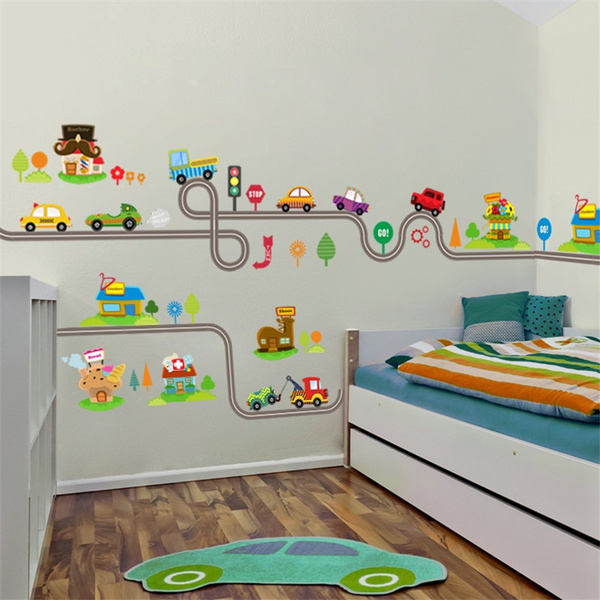 Cartoon Cars Highway Track Wall Stickers For Kids Rooms Sticker Children s Play Room Bedroom Decor Wall Art Decals