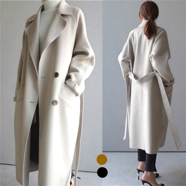 Coat Lapel Cashmere Jacket Oversize Outwear Belt Trench Womens Wool Blend Parkas
