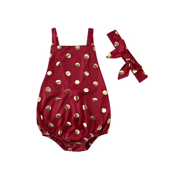 Baby Girl Clothes Gold Dots Sleeveless Romper Outfit Bow headband 2