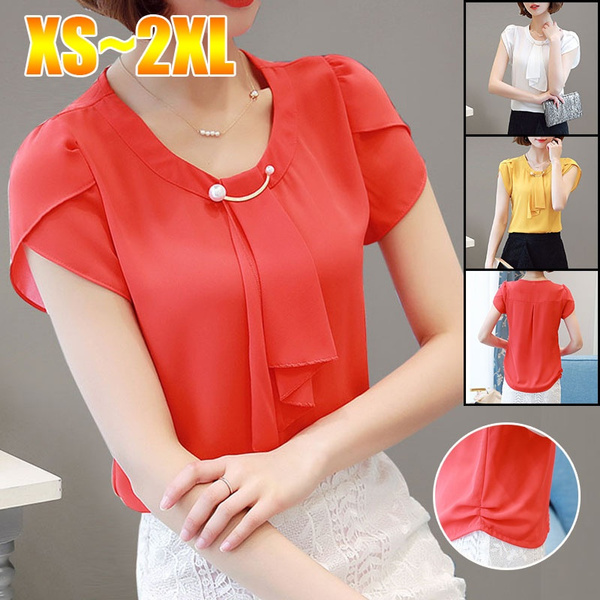 Summer Blouse Women Chiffon Shirt Office Work Tops Short Sleeve Shirts Korean Bow Neck Ruffle Yellow Red Blouses Blusas | Wish