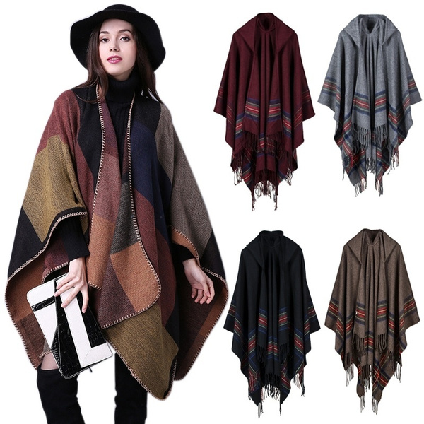 i+k 100/% Merino Wool Poncho Shawl Cape Open Front Cardigan Plaid Sweater Tassel Blanket Shawls and Wraps with Gift Box