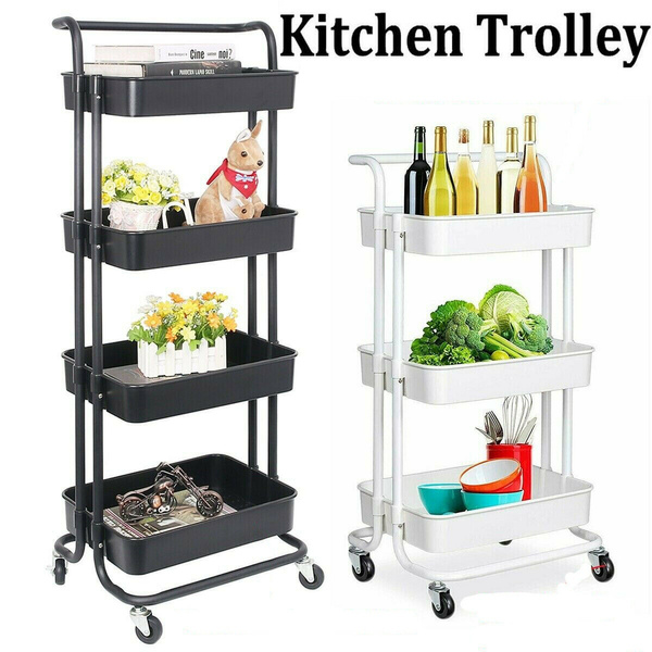 Kitchen Trolley Cart 3/4 Tiers Storage Rack Trolley Slim Rolling Cart w/4 Wheels