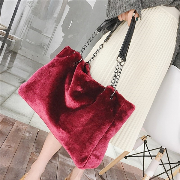 Red Luxury Faux Fur Bags For Women Handbag Large Capacity Women Winter Shoulder  Bag Females Tote Top-handle Feminine Bag
