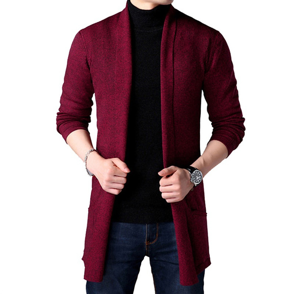 Men Long Style Cardigan Spring and Autumn Long Knit Sweater Jackets ...