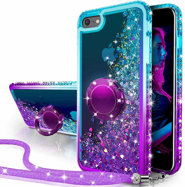 iPhone 7 Case, iPhone 8 Case, Moving Liquid Holographic Sparkle Glitter  Case with Kickstand, Bling Diamond Bumper with Ring Protective Apple iPhone  8