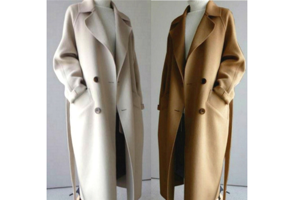 Women's Belt Lapel Winter Trench Coat Woolen Parka Overcoat Long Jacket Outwear