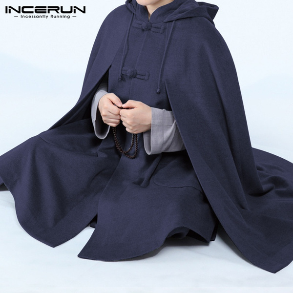 Mens Fleece Lined Hooded Cape Buddhist Monk Cloak Warm Thicken Long Robe Jackets 