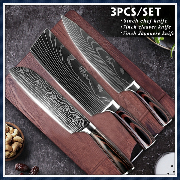 3Pcs Kitchen Knives Set Stainless Steel Japanese Damascus Pattern Pro Chef  Knife