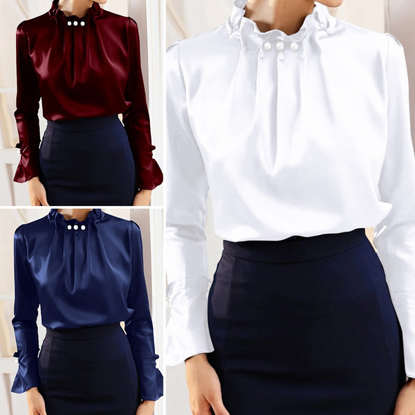 Women Long Sleeve Shirt Tops Office Lady Casual High Neck Formal Work OL  Blouse