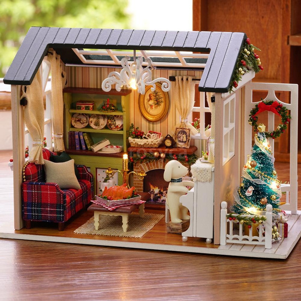 DIY Doll House Model Miniature Furniture Kit w/ LED Light Kids Toys Xmas Gifts 