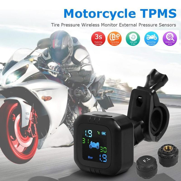 Smart Wireless Motorcycle Waterproof Cordless TPMS Tire Pressure Monitoring  System LCD Display Moto Type Pressure Meter Gauge Alarm Systems + 2  External Sensor Moto Tools