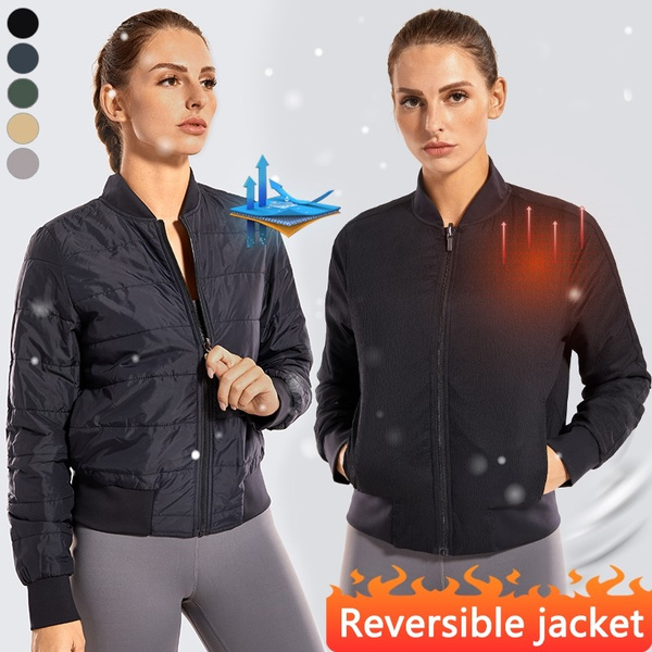 CRZ YOGA Women's Winter Warm Full Zip Wearable On Both Sides Flight Bomber  Jackets Lightweight Cropped Design Workout Outerwear with Pockets XS-XXL