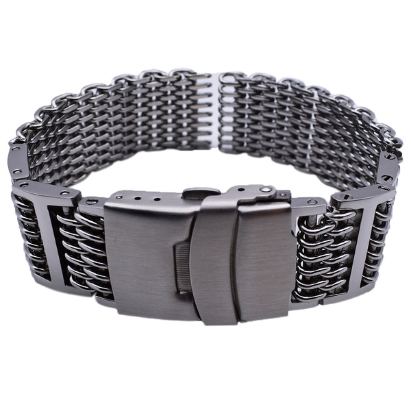 LEESTING Stainless Steel Hlink Shark Mesh Watch Band Polished 20mm 22mm  24mm with Solid Deployment Clasp,Min5.7-Max8