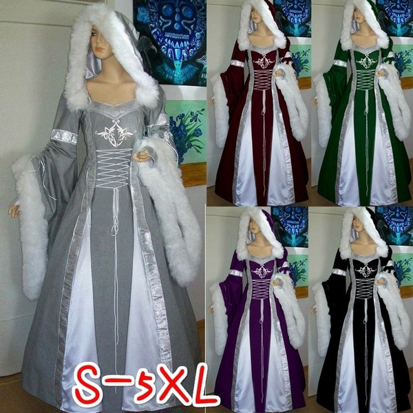 Winter Women's Fashion Medieval Vintage Hooded Fur Collar Floor Length  Princess Dress Cosplay Gothic Retro Warm Long Gown