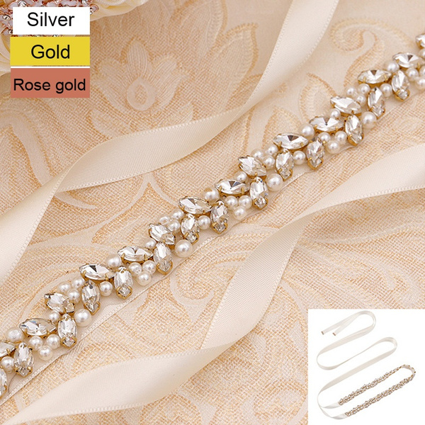 Handmade Thin Crystal Pearl Bride Girdle Rhinestone Belts for Wedding Gown  Dresses Wedding Accessories (Silver, Gold, Rose Gold)