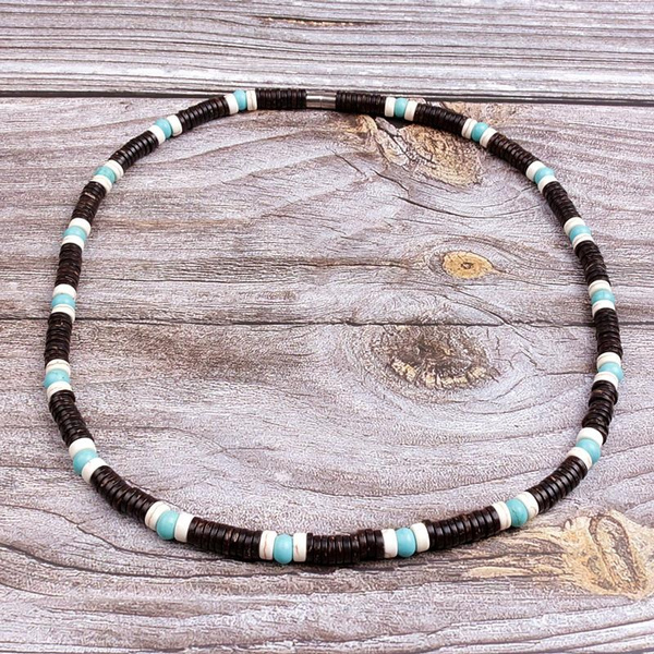 Vintage South Pacific Island Native Treasure Black Brown Light Brown Wood Coco Shell Beads Surfer Necklace Choker Barrel Lock