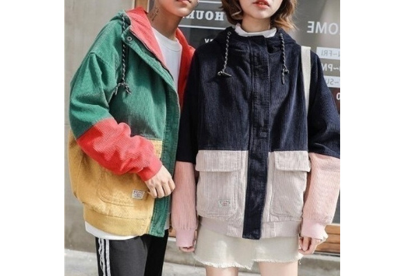 block patchwork corduroy hooded jacket