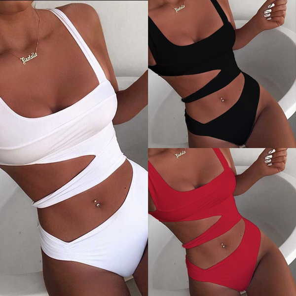 New Women Bikini Solid Color Hollow Swimsuit Knotted One-Piece Cutout Swimwear