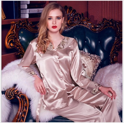 Spring and summer long sleeve suit simulating silk thin sexy lace  large-size women's home wear love-underwear pyjamas.
