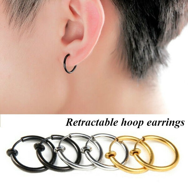 2 pair Retractable Earrings No Need Piercing Men Women Classic Hip-hop Hoop Earrings