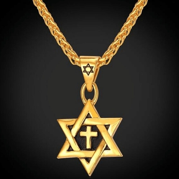 Male David Star Necklace Cross Gold 