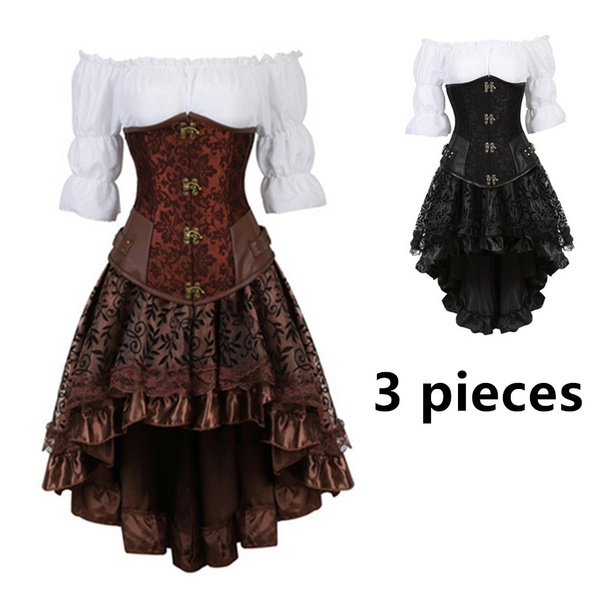 Women Gothic Underbust Corset Dress Vintage Retro Corsets and Bustiers With  High Low Skirt With White Shirt 3 PCS Body Shapers Waist Training Corset