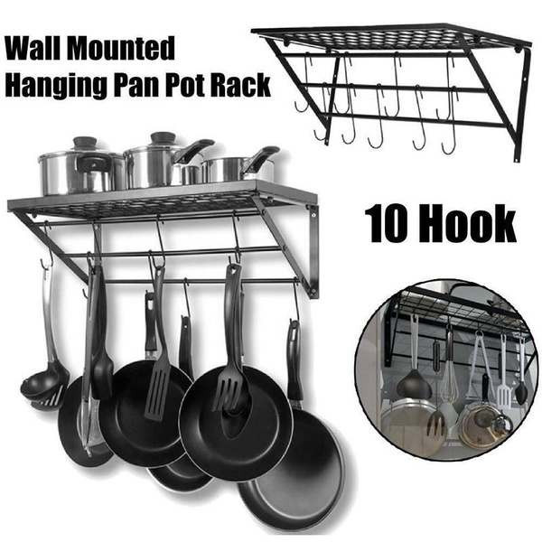 Wall Mounted Pots And Pans Rack. Pot Holders Wall Shelves With 10 Hooks