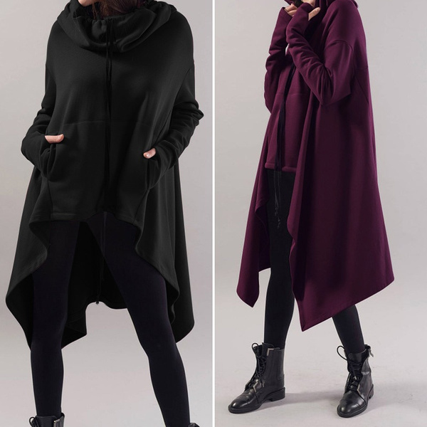 M 5XL Winter Women Hooded Long Sleeve Solid Color High Low Sweatshirt Dress Asymmetric Woolen Hoodie Dress Outwears