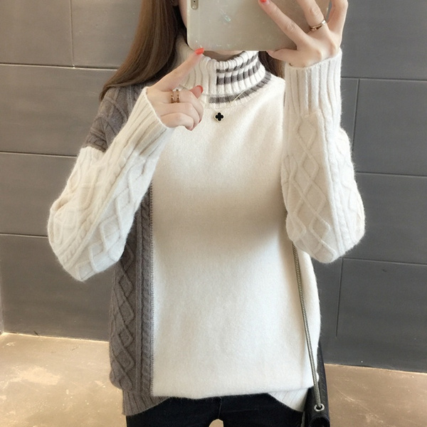 New Women's Neck Stand Tops Spring Winter Loose Clothes Knitted ...