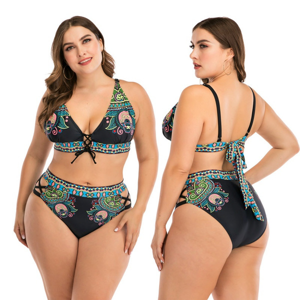 Plus Size Women High Waist Print Bikini Set Swimwear Beach Swimsuit Bathing Suit