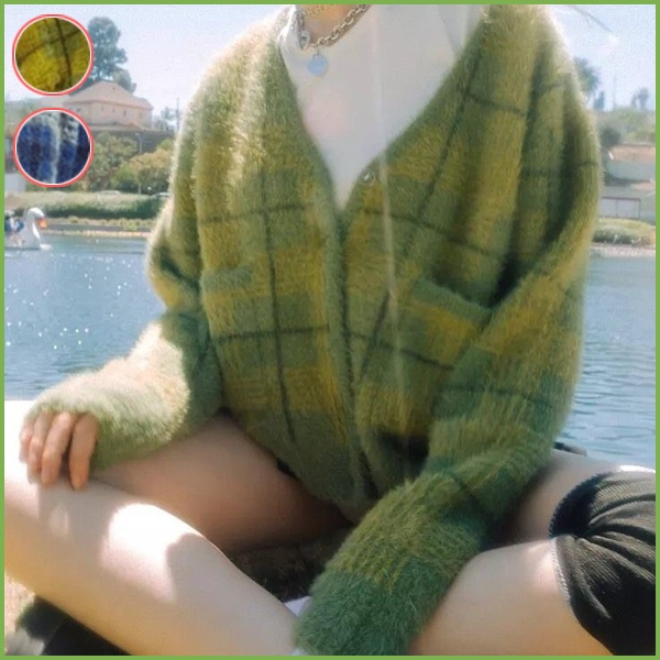 2020 Autumn and Winter Avocado Green Blue Plaid Mohair Sweater Furry  Knitted Cardigan Loose Fit Sweater Coat | Wish