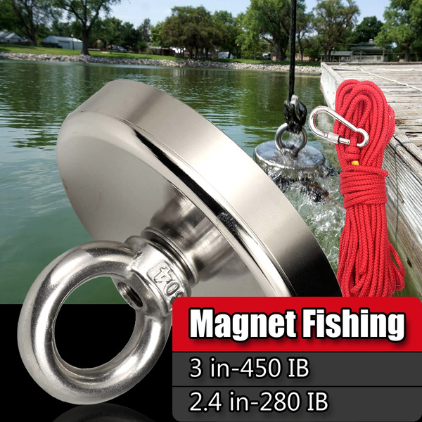 450 lb / 280 lb fishing magnet, super strong neodymium magnet N60 large  diameter round 3 /2.4 countersink and eye bolt，Neodymium Magnet Fishing，With  + 20m fishing rope