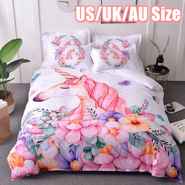 New Unicorn 3d Pink Flower Print Duvet Cover Dreamlike Quality Bedding Kids Home Bedroom Decor Baby Single Twin Double Full Queen Uk Us King Wish New Unicorn 3d Pink Flower Print Duvet, Pink Unicorn Bedding Twin