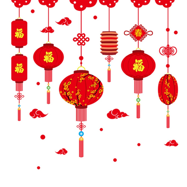 Chinese New Year Red Lanterns Wall Stickers Glass Door Prosperous Decorations