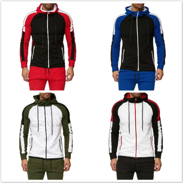 Men's Fashion Stripe Splicing Color Hooded Cardigan Leisure Long Sleeve