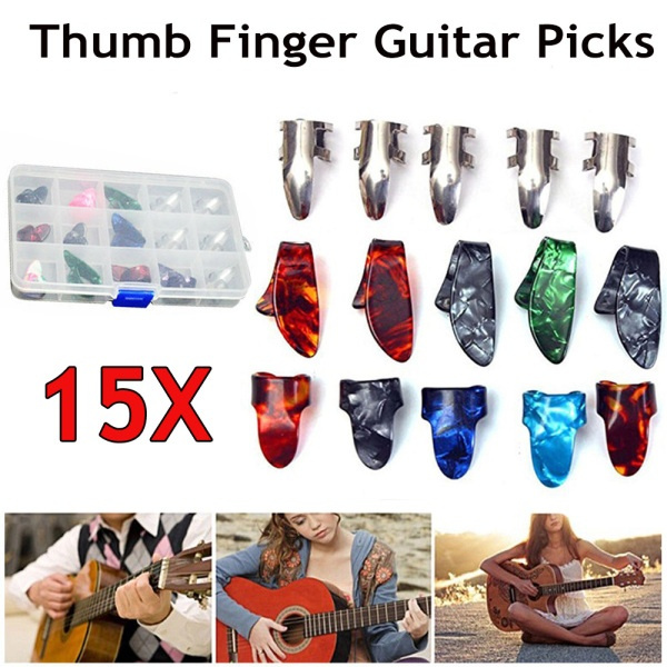 15pcs Stainless Steel Celluloid Thumb Finger Guitar Picks with 15 Grid ...