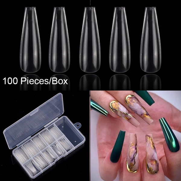 Transparent White Natural 100 Pieces Popular Coffin False Nail Tips 10 Sizes Fake Nails Ballerina Shaped With Nail Box Wish