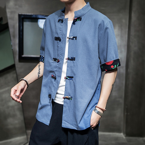 Men Half Patchwork Sleeve Stand Collar Shirts Chinese Style Wing