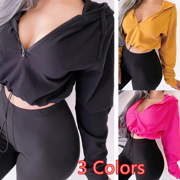 Women's Fashion Sexy Half Zipper V-neck Hooded Pullover Slim Fit Long  Sleeve Sweatshirts Drawstring Hem Crop Tops Hoodies