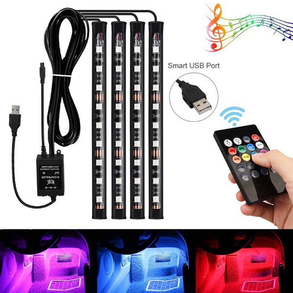 4x 9LED RGB Car Interior Atmosphere Footwell Strip Light USB Charger Decor LampY