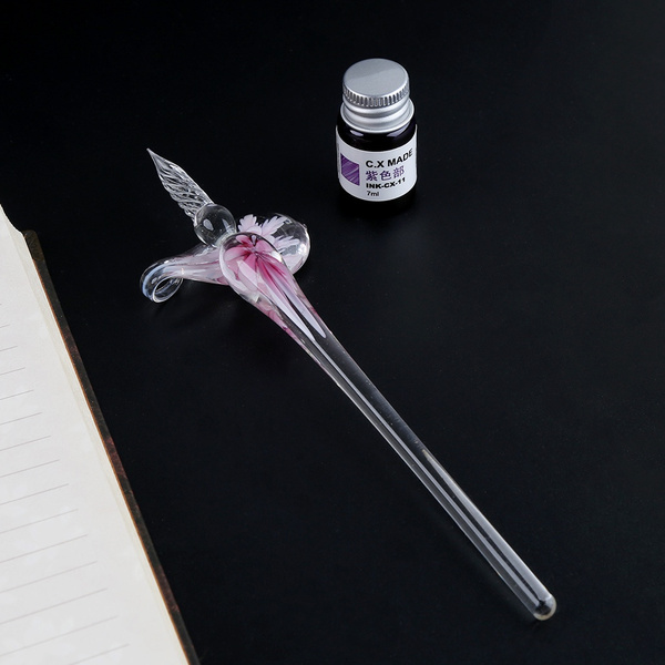 BTSKY Glass Dip Pen Vintage Handmade Glass Signature Pen Writting Crystal Pen for Christmas Gift Silvery Color 