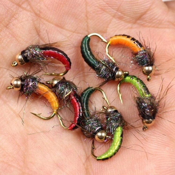 8PCS #12 Brass Bead Head Fast Siking Nymph Scud Fly Bug Worm for Trout Fishing 