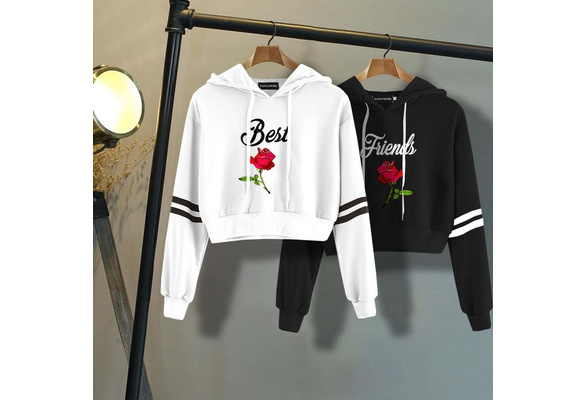 New Women Best Friends Hoodie Letter Printed Long Sleeve Cropped Sweatshirt Rose Graphic Printed Pullover Hoodie Bff Gift Wish